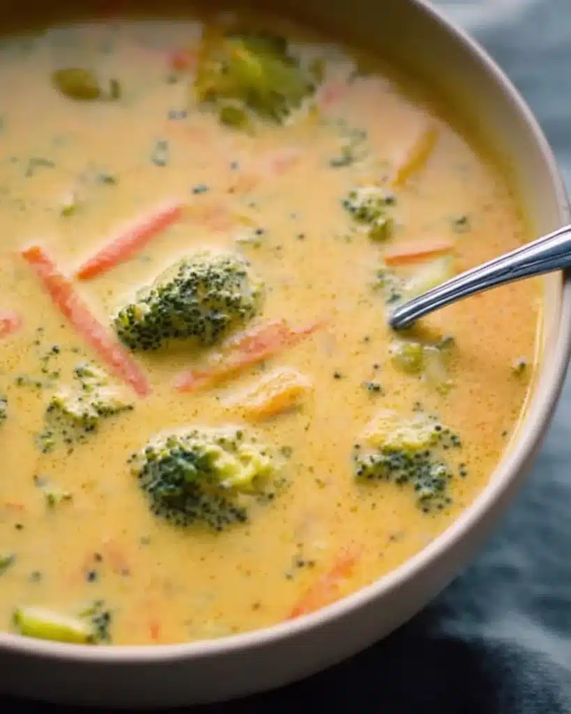 Bowl of creamy broccoli cheddar soup garnished with fresh broccoli florets.