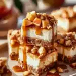 Delicious Caramel Apple Cheesecake Bars topped with caramel drizzle and apple slices.