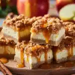 Delicious Caramel Apple Cheesecake Bars topped with caramel sauce and apple slices