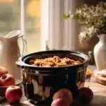 Delicious caramel apple dump cake topped with caramel drizzle and apple slices