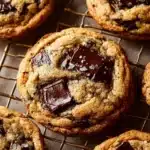 Freshly baked chewy sourdough chocolate chip cookies on a cooling rack