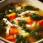 A bowl of delicious chicken and kale soup garnished with fresh herbs