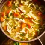 Delicious homemade chicken noodle soup with fresh vegetables and herbs