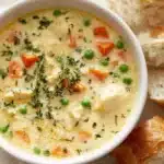 Bowl of Chicken Pot Pie Soup with vegetables and crust on top