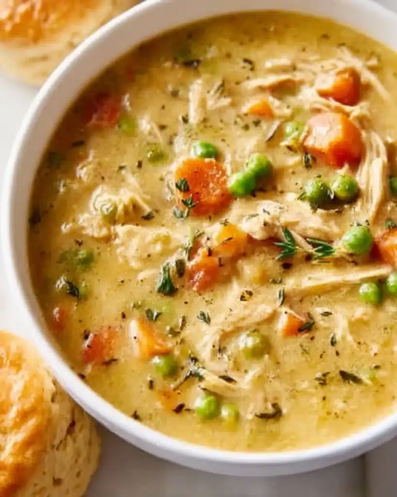 A delicious bowl of Chicken Pot Pie Soup garnished with fresh herbs