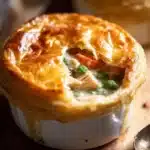 Delicious chicken pot pie with flaky puff pastry crust.