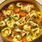 Bowl of delicious homemade Chicken Tortellini Soup with fresh herbs