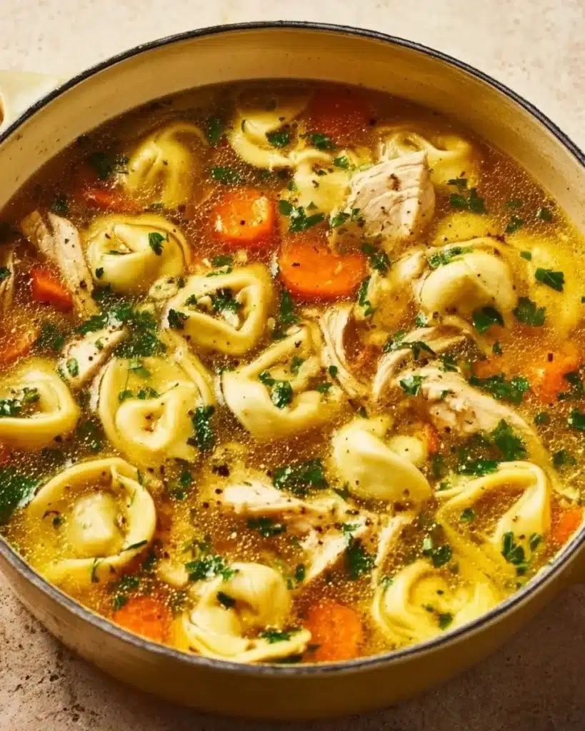 Bowl of delicious homemade Chicken Tortellini Soup with fresh herbs