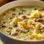 Bowl of creamy Alfredo Lasagna Soup topped with cheese and herbs