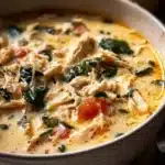 Bowl of creamy Chicken Lasagna Soup topped with herbs and cheese.