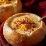 Delicious creamy potato soup served in a warm bread bowl