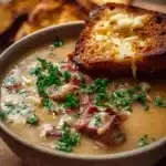 Creamy Reuben soup served in a bowl with ingredients around it