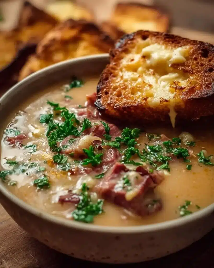 Creamy Reuben soup served in a bowl with ingredients around it