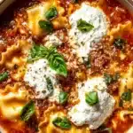 Delicious bowl of Crockpot Lasagna Soup topped with cheese and herbs.