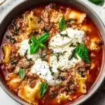 A bowl of delicious Crockpot Lasagna Soup garnished with cheese and herbs