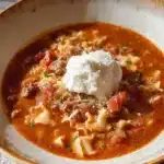 Delicious bowl of Crockpot Lasagna Soup topped with cheese and basil