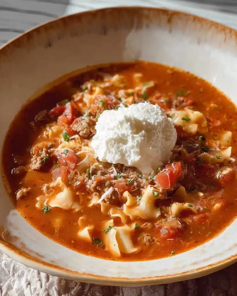 Delicious bowl of Crockpot Lasagna Soup topped with cheese and basil