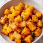 Crockpot roasted butternut squash served in a bowl with herbs