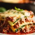 Crockpot zucchini lasagna dish served in a white bowl with cheese topping.