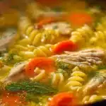 Bowl of homemade chicken noodle soup with vegetables and noodles