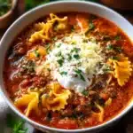 Bowl of easy lasagna soup filled with pasta, cheese, and rich tomato sauce