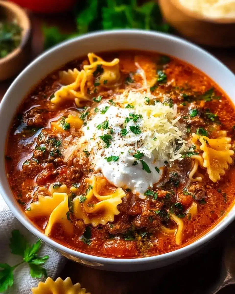 Bowl of easy lasagna soup filled with pasta, cheese, and rich tomato sauce