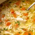 Bowl of easy lemon chicken orzo soup with fresh herbs and lemon slices