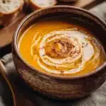 Creamy carrot-ginger soup in a bowl garnished with fresh herbs.