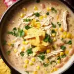 Bowl of easy slow cooker white chicken chili topped with cilantro