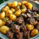Plate of Garlic Butter Beef Bites with Potatoes garnished with herbs