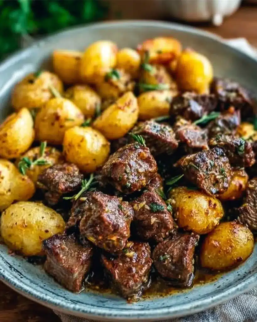 Plate of Garlic Butter Beef Bites with Potatoes garnished with herbs