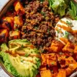 Delicious Ground Beef Hot Honey Bowl with spices and honey drizzle