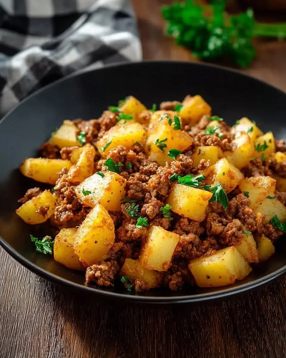 Ground Turkey and Potato Skillet served in a skillet with colorful vegetables