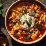Bowl of high-protein lasagna soup topped with fresh herbs
