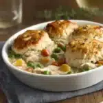 Homemade chicken pot pie with flaky crust and vegetables for a comforting meal.