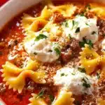 Bowl of homemade lasagna soup with bow tie pasta and melted cheese on top.