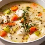Bowl of creamy Instant Pot Chicken Pot Pie Soup with vegetables and chicken