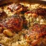 Delicious garlic butter chicken rice casserole topped with herbs and spices.