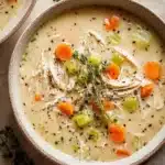 Delicious Keto Chicken Pot Pie Soup in a bowl garnished with herbs