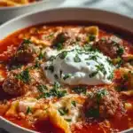 Bowl of hearty lasagna soup topped with cheese and herbs