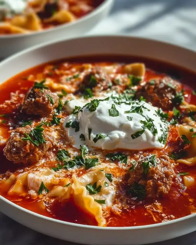 Bowl of hearty lasagna soup topped with cheese and herbs