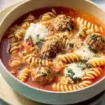 A delicious bowl of lasagna soup topped with cheese and herbs