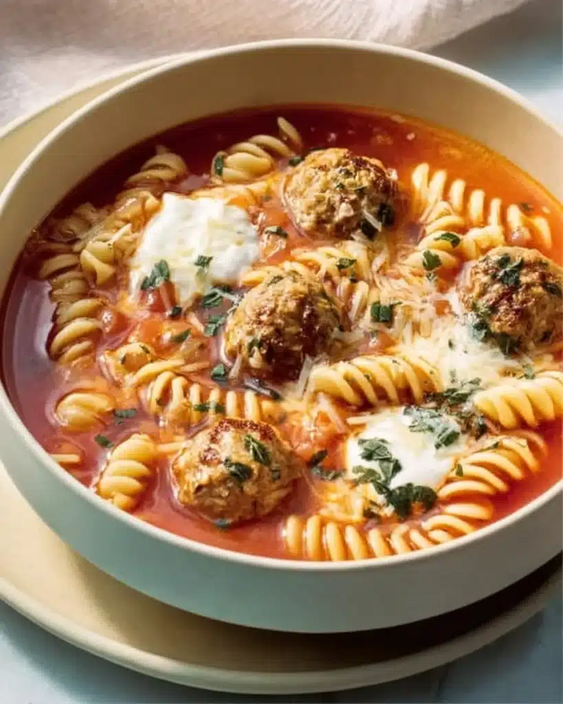 A delicious bowl of lasagna soup topped with cheese and herbs