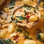 Bowl of Marry Me Chicken Gnocchi Soup with herbs and bread