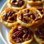 Mini caramel apple pecan pies topped with caramel and pecans