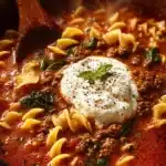 Delicious one pot lasagna soup garnished with herbs and cheese