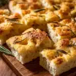 Freshly baked no-fuss sourdough focaccia with herbs and olive oil
