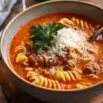 Hearty one pot lasagna soup recipe with pasta and cheese