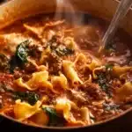Delicious One Pot Lasagna Soup with cheese and pasta served in a bowl