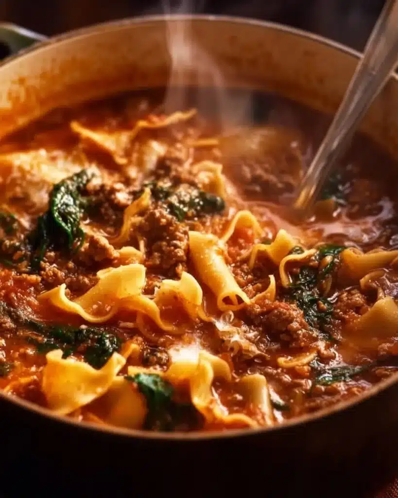 Delicious One Pot Lasagna Soup with cheese and pasta served in a bowl